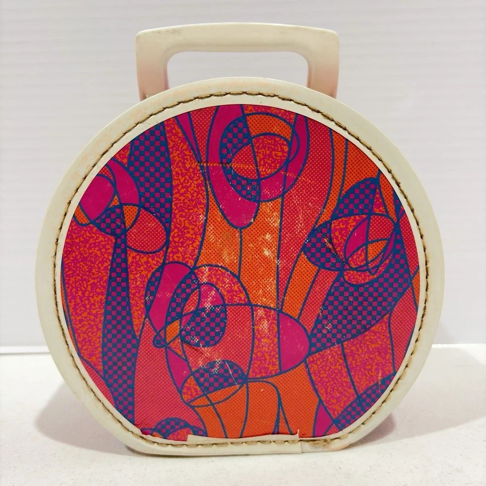 Vintage 1970's Mod Psychedelic Round Doll Case Hat Box Child's Suitcase Pink